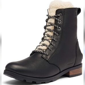 Sorel Emelie Short Lace Cozy - Waterproof Black Leather Shearling Boots Size 6.5